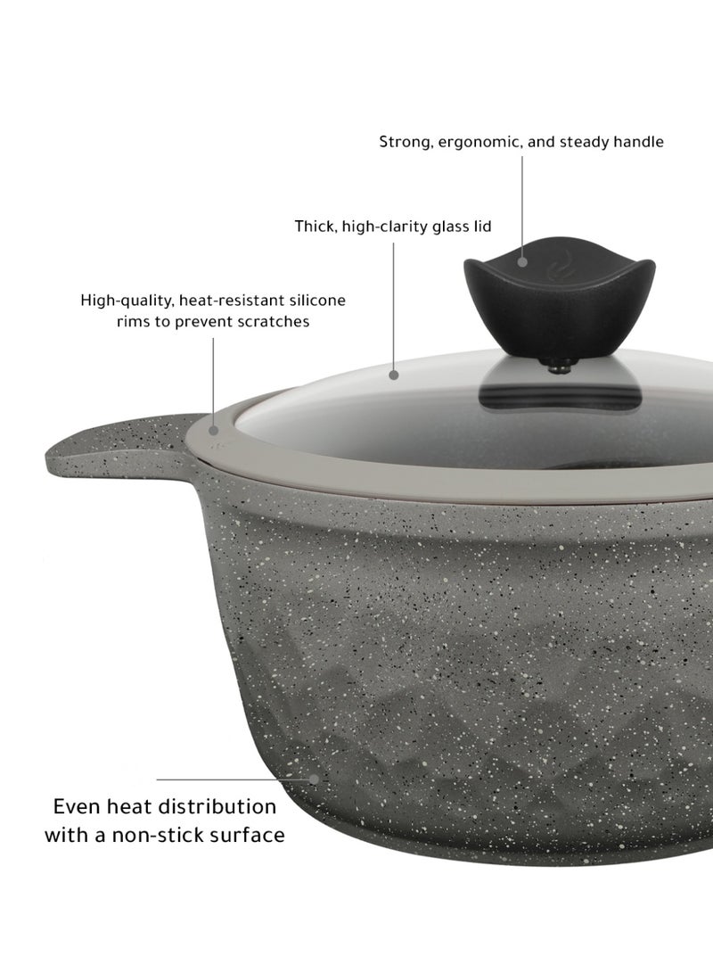 Cookware Set, 9-Pieces Cast Aluminum with Granite Coating  Non-Stick Pot and Pan Set with Tempered Glass Lids and Silicone Grips, Even Heat Distribution - Grey - Image 3